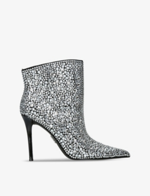 STEVE MADDEN WOMENS SILVER SENTINEL CRYSTAL-EMBELLISHED HEELED LEATHER ANKLE BOOTS