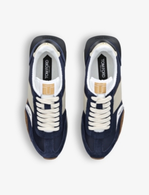 Shop Tom Ford Mens James Logo-print Leather And Suede Low-top Trainers Blue Eur 47 / 13 Uk