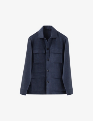 Eton Mens Vy Blue Patch-pocket Regular-fit Linen And Wool Overshirt In Navy Blue