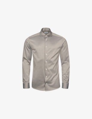 Shop Eton Mens Light Green Mélange-weave Slim-fit Cotton Shirt
