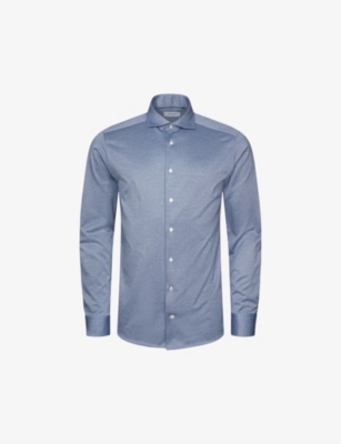 Shop Eton Mens Mid Blue Mélange-weave Slim-fit Cotton Shirt