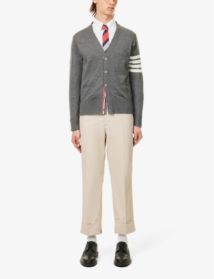 Shop Thom Browne Men's Med Grey Striped V-neck Wool Cardigan