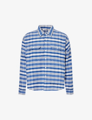 Shop Cole Buxton Men's Blue Black White Checked Logo-embroidered Cotton Shirt