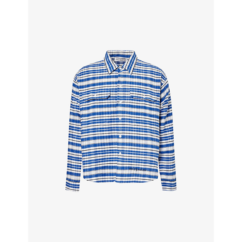 Cole Buxton Mens Blue Black White Checked Logo-embroidered Cotton Shirt