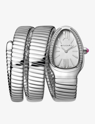 Bvlgari Sp35c6sds2tl Serpenti Tubogas Stainless-steel And 0.401ct Brilliant-cut Diamond Quartz Watch In Stainless Steel