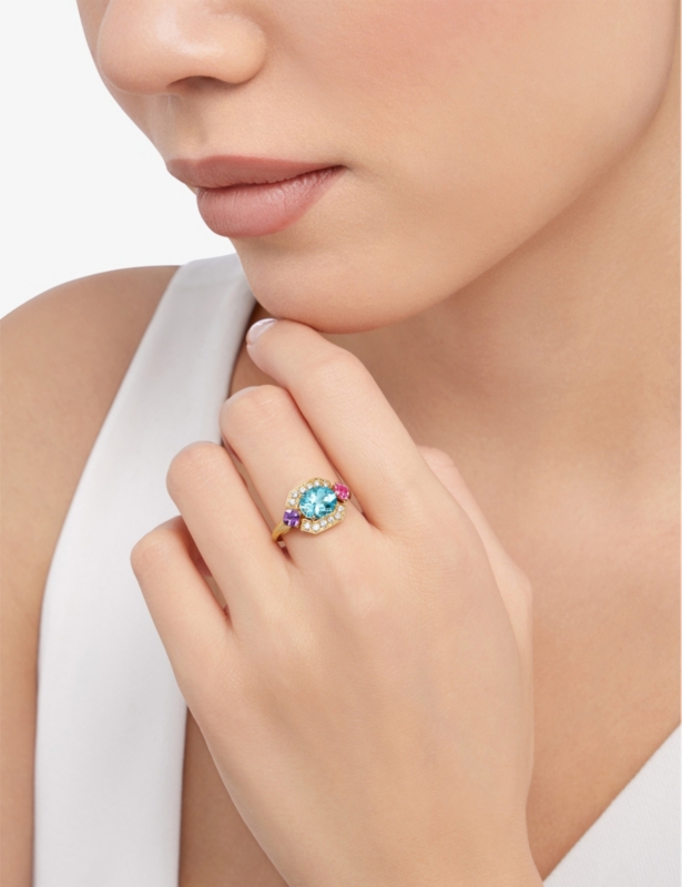 Allegra 18ct yellow-gold, pink tourmaline, amethyst, aquamarine and 0.2ct diamond ring