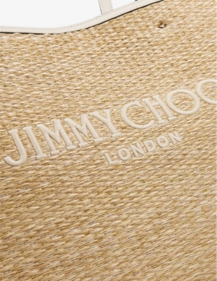 Shop Jimmy Choo Marli Logo-embroidered Raffia Tote Bag In Natural/light Gold