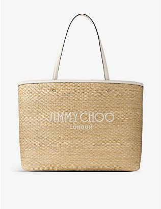 JIMMY CHOO: Marli logo-embroidered raffia tote bag