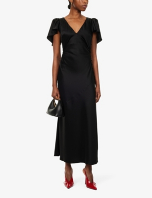 Shop Reformation Women's Black Vida Ruffle-sleeve Satin Midi Dress