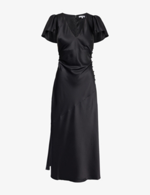 Reformation Womens Black Vida Ruffle-sleeve Satin Midi Dress