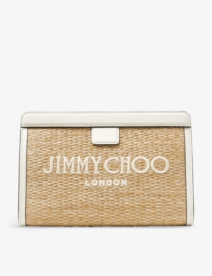 Shop Jimmy Choo Women's Natural/light Gold Avenue Logo-embroidered Raffia Pouch