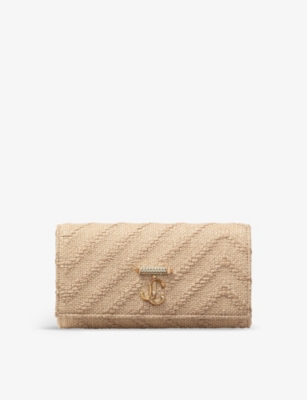 Shop Jimmy Choo Avenue Raffia Wallet-on-chain In Natural/light Gold