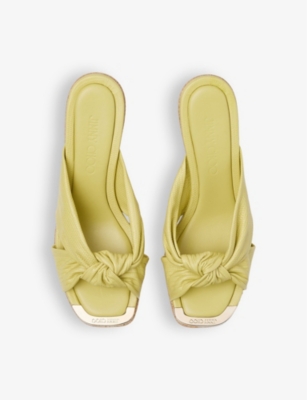 Shop Jimmy Choo Avenue Knot-embellished Leather Wedge Sandals In Sunbleached Yellow