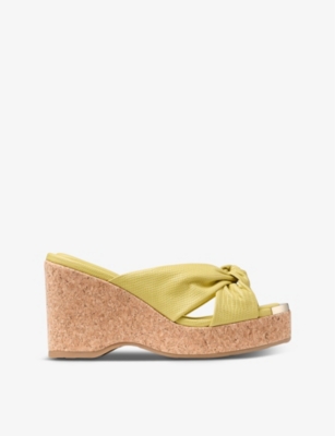 Shop Jimmy Choo Avenue Knot-embellished Leather Wedge Sandals In Sunbleached Yellow