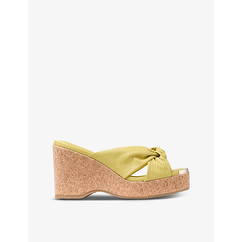 Jimmy Choo Womens Sunbleached Yellow Avenue Knot-embellished Leather Wedge Sandals