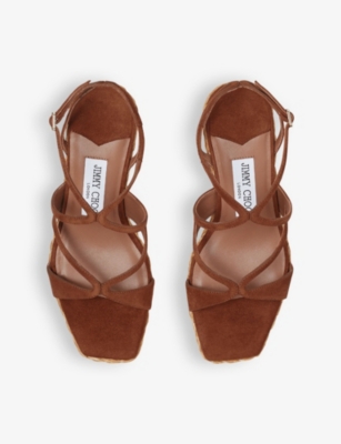 Shop Jimmy Choo Women's Tan Ayla 85 Suede And Raffia Wedge Sandals