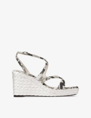 Shop Jimmy Choo Ayla 85 Leather And Raffia Wedge Sandals In Roccia