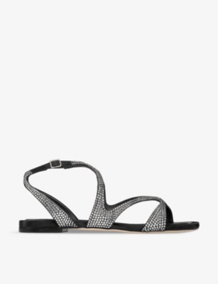 JIMMY CHOO: Ayla crystal-embellished satin flat sandals