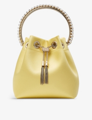 Shop Jimmy Choo Sunbleached Yellow Bon Bon Crystal-embellished Satin Top-handle Bag