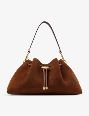 Shop Jimmy Choo Cinch Suede Shoulder Bag In Tan/gold