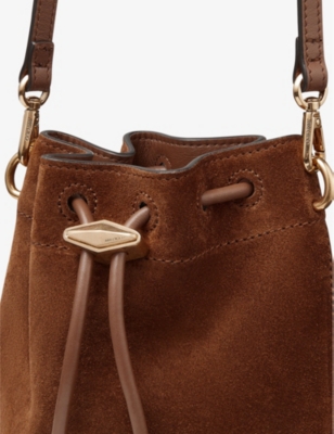 Shop Jimmy Choo Tan/gold Cinch Mini Suede Top-handle Bucket Bag