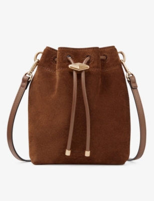 Shop Jimmy Choo Tan/gold Cinch Mini Suede Top-handle Bucket Bag