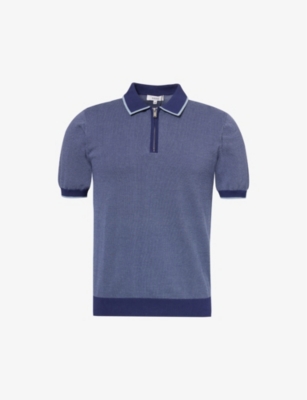 Shop Arne Mens Navy Zipped Cotton-knit Polo Shirt