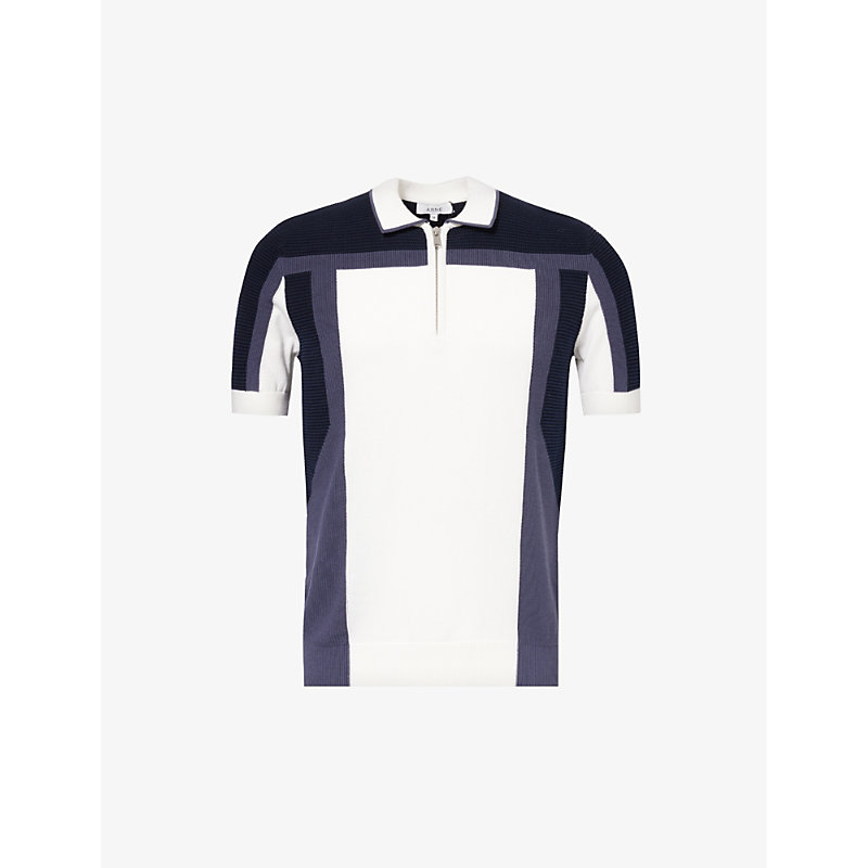 Shop Arne Mens Navy Colour-block Ribbed Cotton-knit Polo Shirt