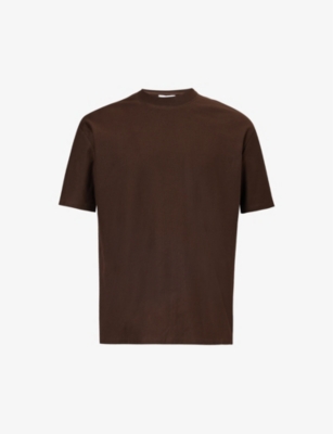 Shop Arne Mens Brown Crewneck Relaxed-fit Short-sleeved Cotton T-shirt