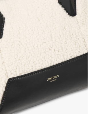 JIMMY CHOO WOMENS NATURAL DIAMOND LOGO-EMBOSSED SMALL SHEARLING AND LEATHER TOTE BAG 