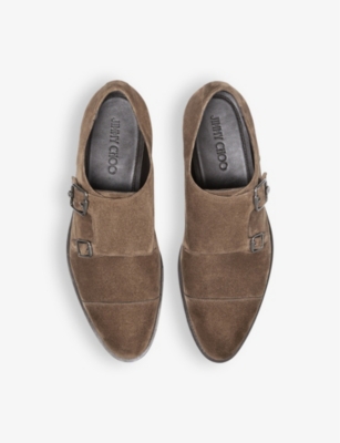 Shop Jimmy Choo Finnion Double-strap Suede Monk Shoes In Oak