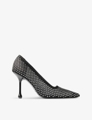 Shop Jimmy Choo Womens  Ixia 95 Crystal-embellished Heeled Mesh And Satin Courts In Black/crystal