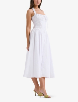 HOUSE OF CB OF CB WOMENS WHITE ADABELLA HALTER-NECK FLORAL-PRINT COTTON-BLEND MIDI DRESS 