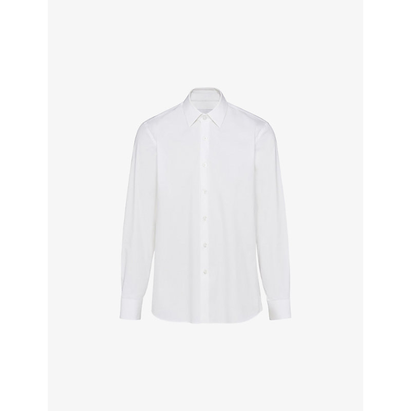 Shop Prada Collared Slim-fit Cotton-blend Shirt In White