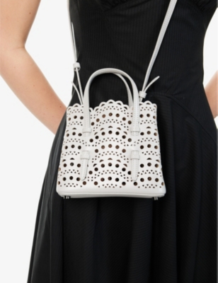 Shop Alaïa Alaia Gris Perle Mina 16 Laser-cut Leather Top-handle Bag
