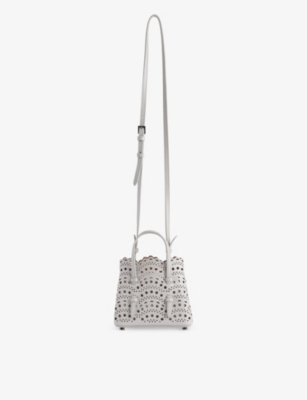 Shop Alaïa Alaia Gris Perle Mina 16 Laser-cut Leather Top-handle Bag