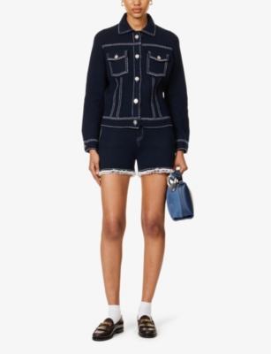 Shop Barrie Women's Nero Navy Contrast-stitch Spread-collar Cashmere And Cotton-blend Jacket