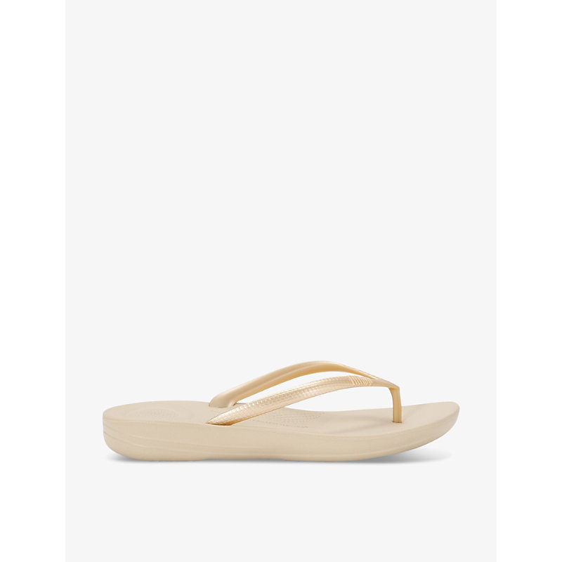 Shop Fitflop Iqushion Branded Rubber Flip Flops In Gold