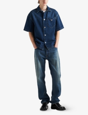 Shop Prada Mens Blue Brand-plaque Relaxed-fit Denim Shirt