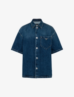 Shop Prada Mens Blue Brand-plaque Relaxed-fit Denim Shirt