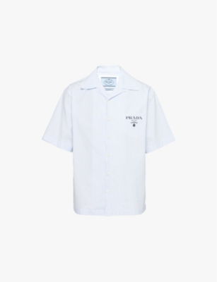 Shop Prada Mens  Striped Short-sleeved Cotton Shirt In White