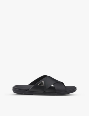 PRADA: Brand-plaque criss-cross leather slides
