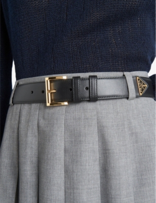 Brand-plaque leather belt