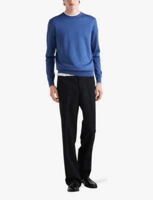 Prada Mens Blue Crewneck Regular-fit Wool Jumper In Blue
