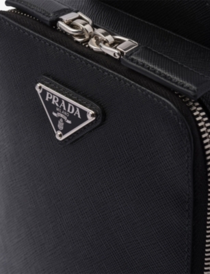 Prada Mens Black Brique Saffiano Logo-plaque Leather Shoulder Bag