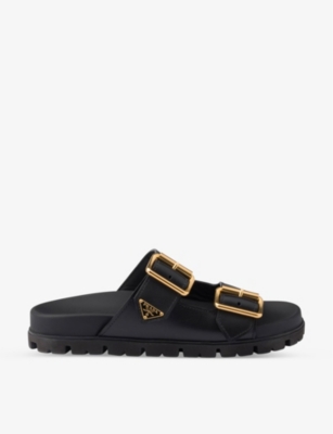 Shop Prada Womens  Brand-tab Leather Sandals In Black