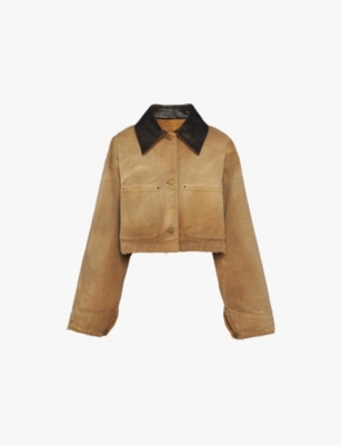 PRADA: Leather-collar cropped cotton jacket