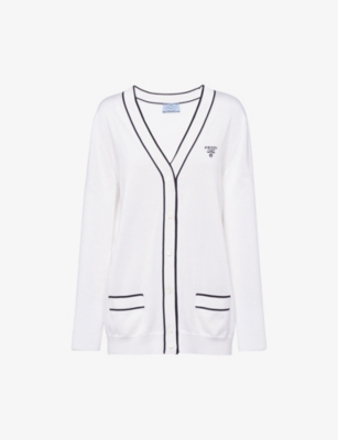 Shop Prada Womens White Intarsia-logo Raglan-shoulder Silk-blend Cardigan