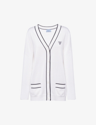 Shop Prada Womens  Intarsia-logo Raglan-shoulder Silk-blend Cardigan In White