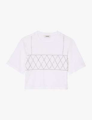 Rhinestone-embellished cropped cotton T-shirt